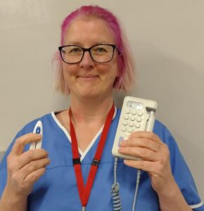 Photograph of a podiatrist with tools used for a diabetic foot assessment