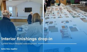 Two images from the interior drop-in session. One of a participant using a virtual reality headset and one of the proposed colour palettes. Text reads: Interior finishings drop-in - Lynfield Mount Hospital redevelopment.