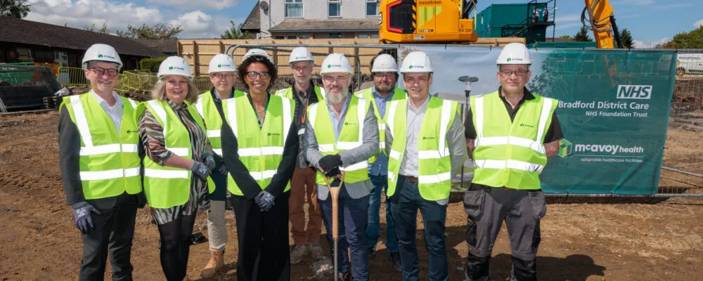 Groundbreaking ceremony at Lynfield Mount Hospital. Credit: leeboswellphotography.com. From left to right: Mike Woodhead, Chief Finance Officer (BDCFT), Sarah Jones, Chair in Common (BDCFT), Stephen Clayton, Preconstruction Director (McAvoy), Therese Patten, Chief Executive (BDCFT), Thean Joubert, Site Manager (McAvoy), Martin O’Neill, Contracts Director (McAvoy), Daniel McLaughlin, Site Engineer (McAvoy), Gavin Ward, Senior Contracts Manager (McAvoy), David Jones, Site Supervisor (McAvoy)
